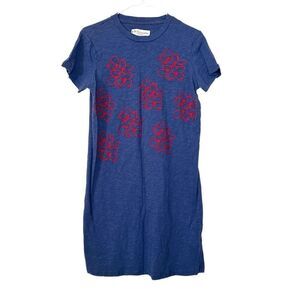 Philosophy Crew Neck Embroidered Floral Slub Cotton T-shirt Dress Blue Size PM